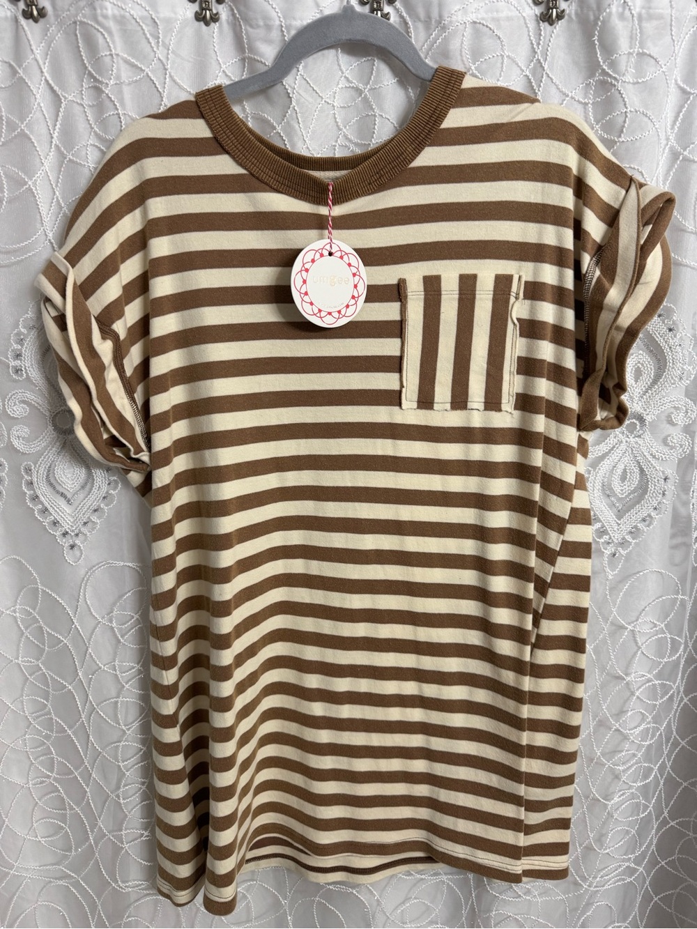 Striped Crewneck Pocket Tee - Brown/Cream by Umgee Size Small